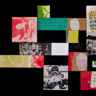 Transferlitografie, Papier, Acryl und Kreide auf Holz