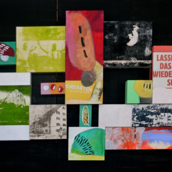 Transferlitografie, Papier, Acryl und Kreide auf Holz